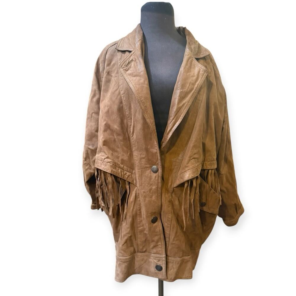 Vintage Maggie Lawrence Women Leather Fringe Coat Suede Western Boho Oversized L